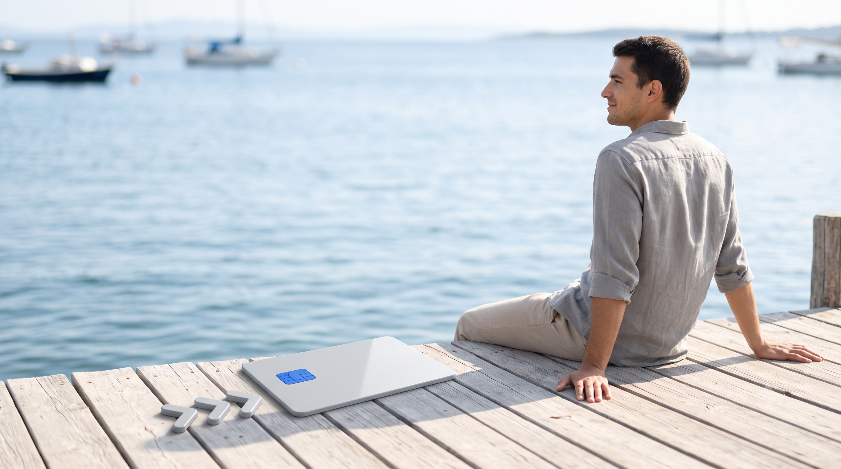 A man sits on a wooden dock looking out at boats on the water, with a white device and small silver rectangles nearby.