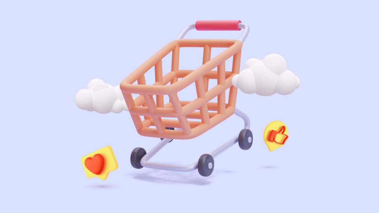 Orange 3D shopping cart with clouds, heart, and thumbs up icons on a light blue background.