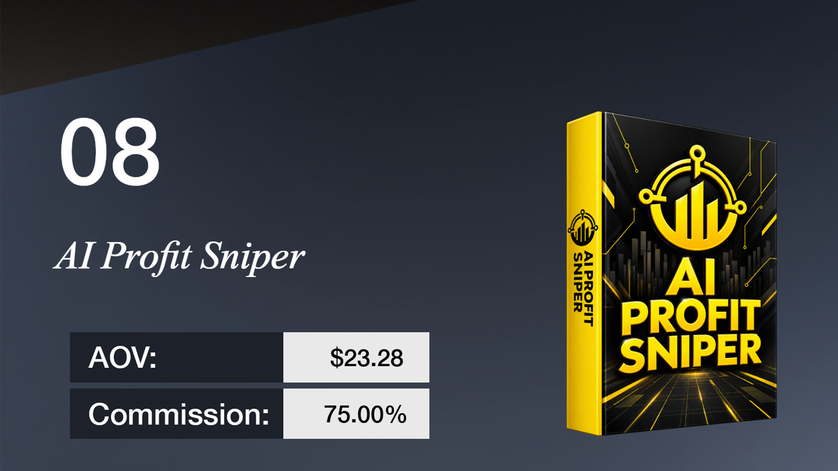 Item 08: AI Profit Sniper product box with AOV $23.28 and 75% commission.
