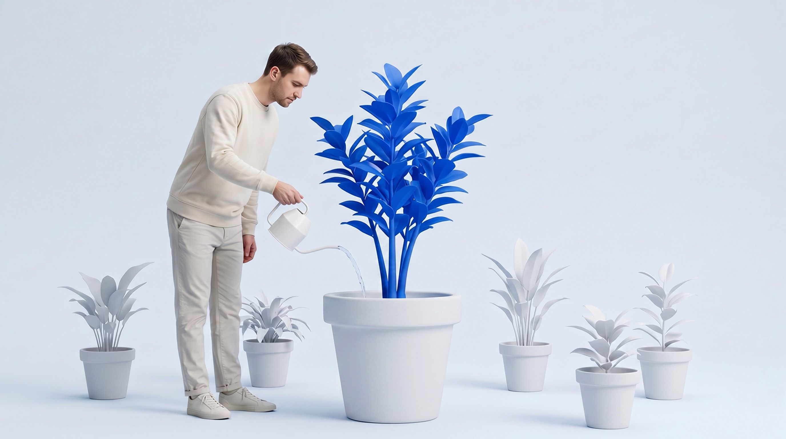 Man waters a large blue plant surrounded by smaller grey plants.
