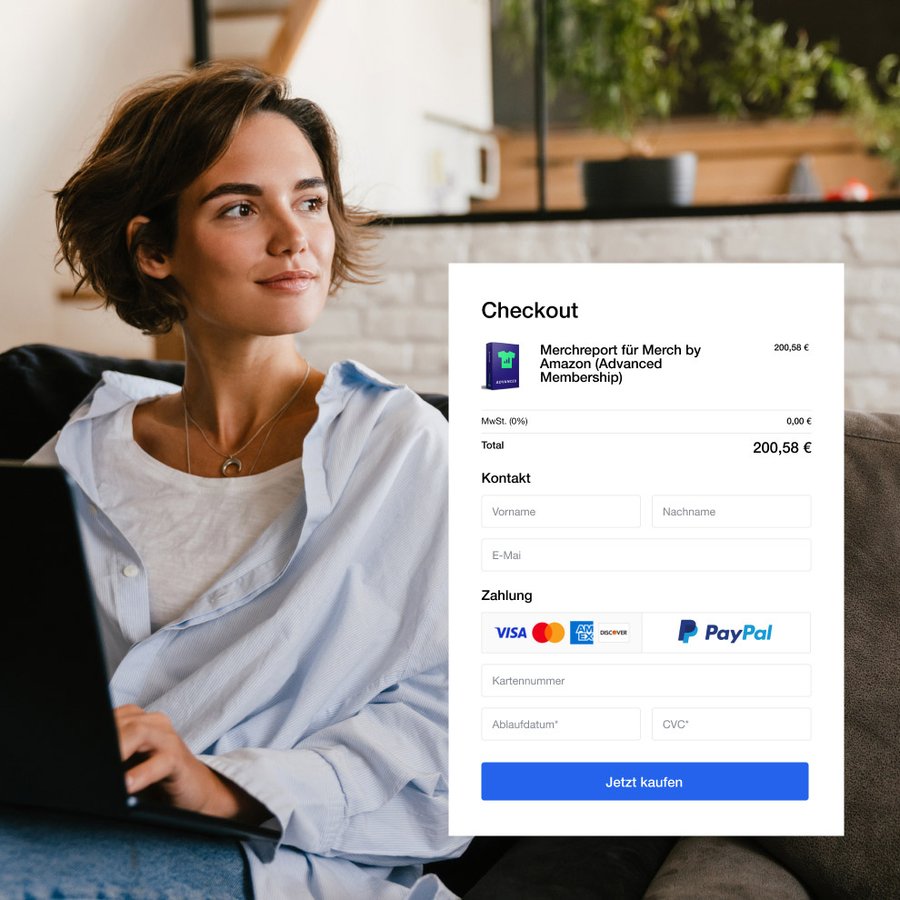 A woman on a laptop and an overlaid German checkout screen for a Merch by Amazon advanced membership for 200.58 euros.
