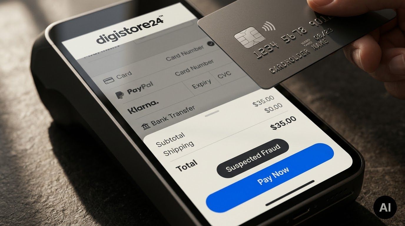 A hand holds a credit card over a smartphone displaying a payment screen with a "Suspected Fraud" warning.