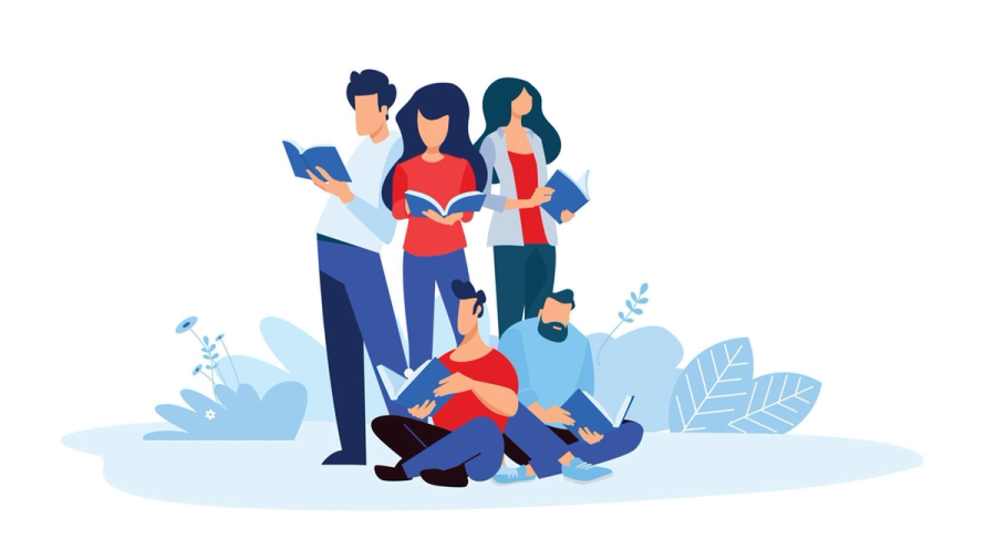 Five stylized people, some standing and some sitting, reading books amidst blue plants.