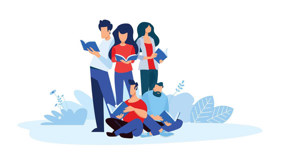 Five stylized people, some standing and some sitting, reading books amidst blue plants.