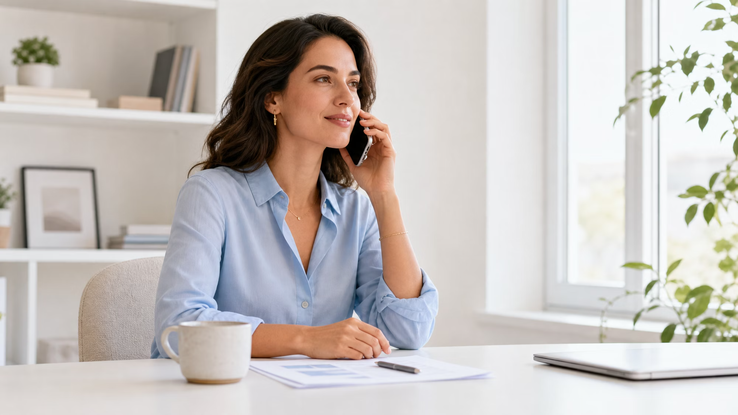 Smiling woman talking on a phone at an office desk.