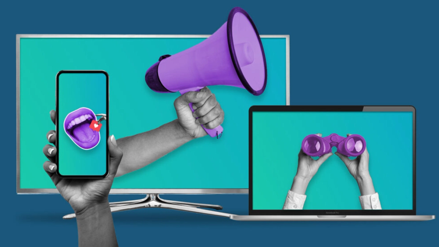 Digital collage of communication: a TV screen with a megaphone, a smartphone showing an open mouth and heart, and a laptop screen with hands holding binoculars.