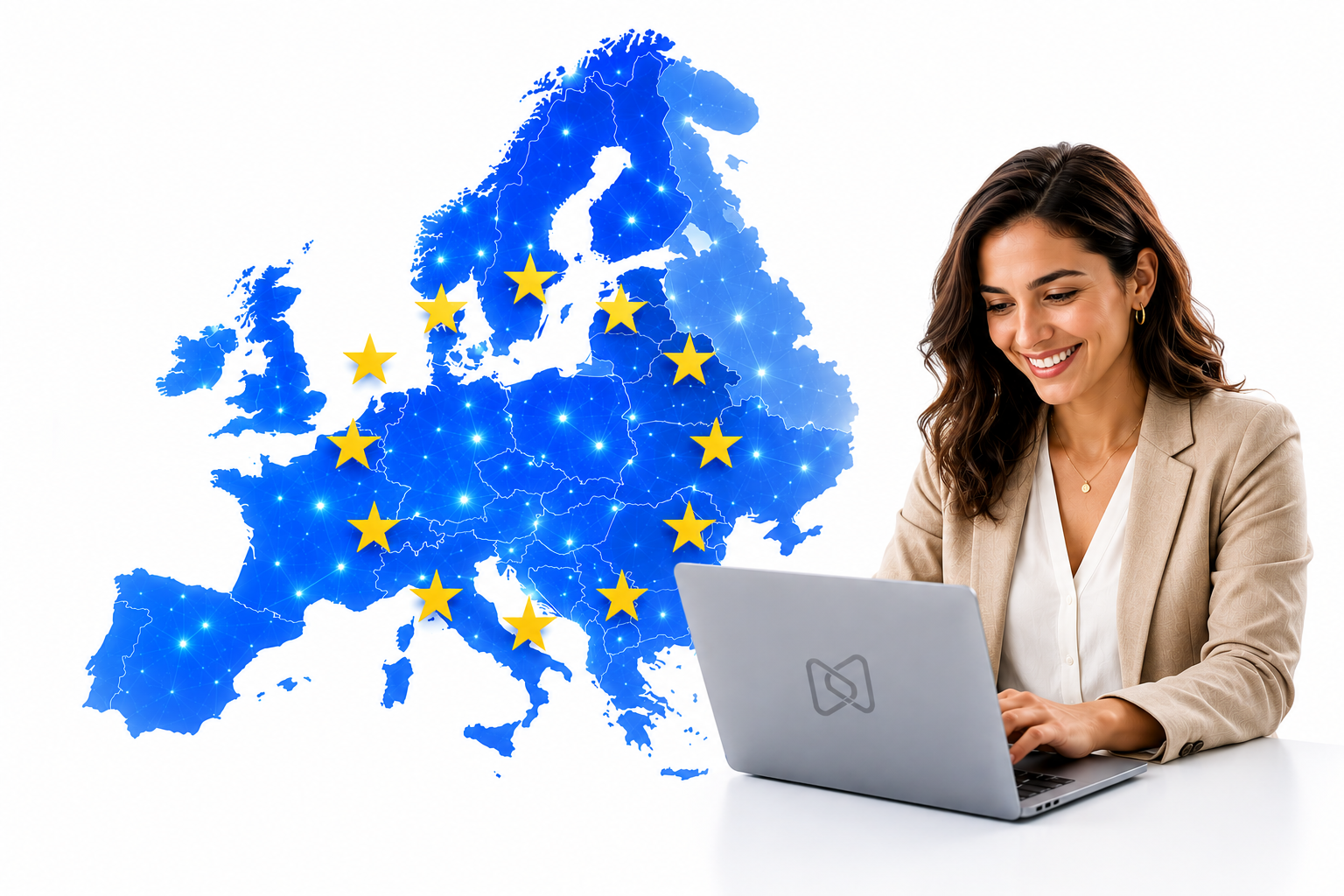 Smiling woman on laptop with an interconnected map of Europe featuring EU stars.