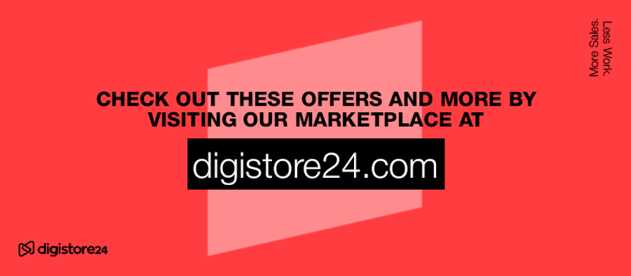 Red advertisement for Digistore24 marketplace, prompting users to visit digistore24.com for offers, with the tagline "More Sales. Less Work."