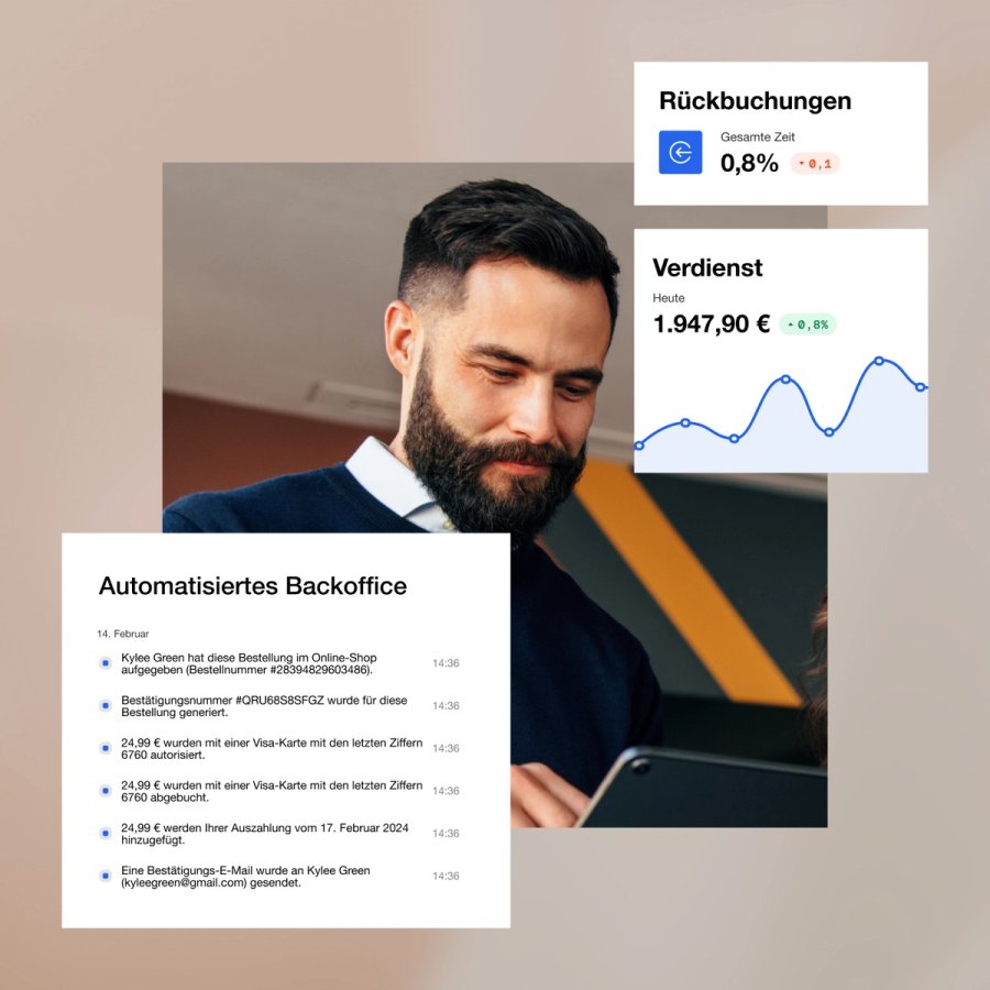 A man focused on a tablet, with digital overlays showing automated back office tasks, earnings, and chargeback rates.