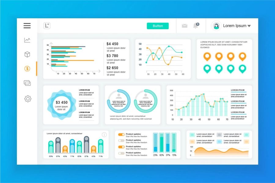A clean, modern dashboard interface displaying various data visualizations including charts, graphs, and data summary widgets.