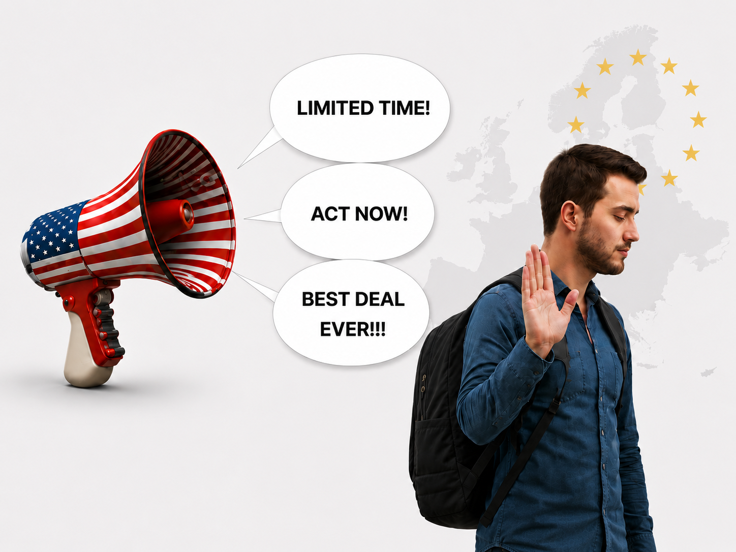A US flag megaphone broadcasts sales pitches ('Limited Time!', 'Act Now!', 'Best Deal Ever!!!') towards a man, standing before a European map, who raises his hand to decline.