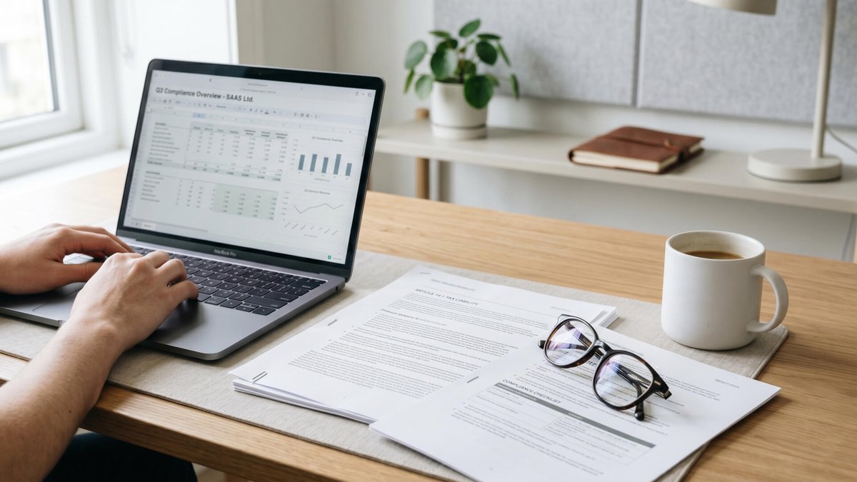 Hands typing on a laptop displaying a spreadsheet, with papers, glasses, and a coffee cup on a desk.