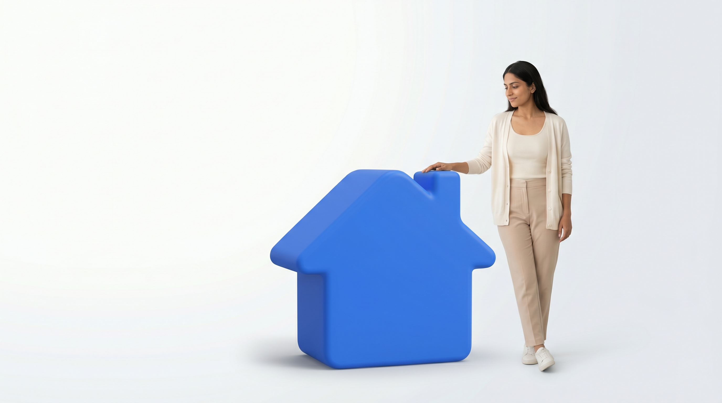 A woman stands next to a large blue house icon.