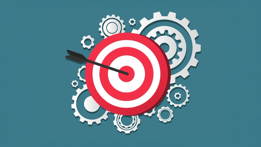 A red and white target with an arrow hitting the bullseye, surrounded by white gears on a teal background.