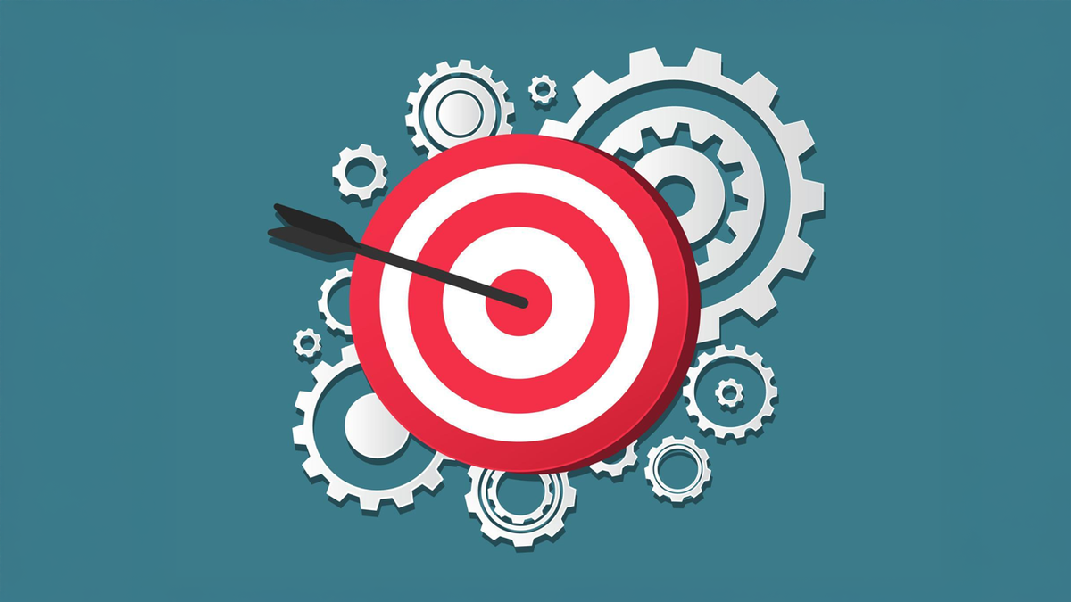 A red and white target with an arrow hitting the bullseye, surrounded by white gears on a teal background.