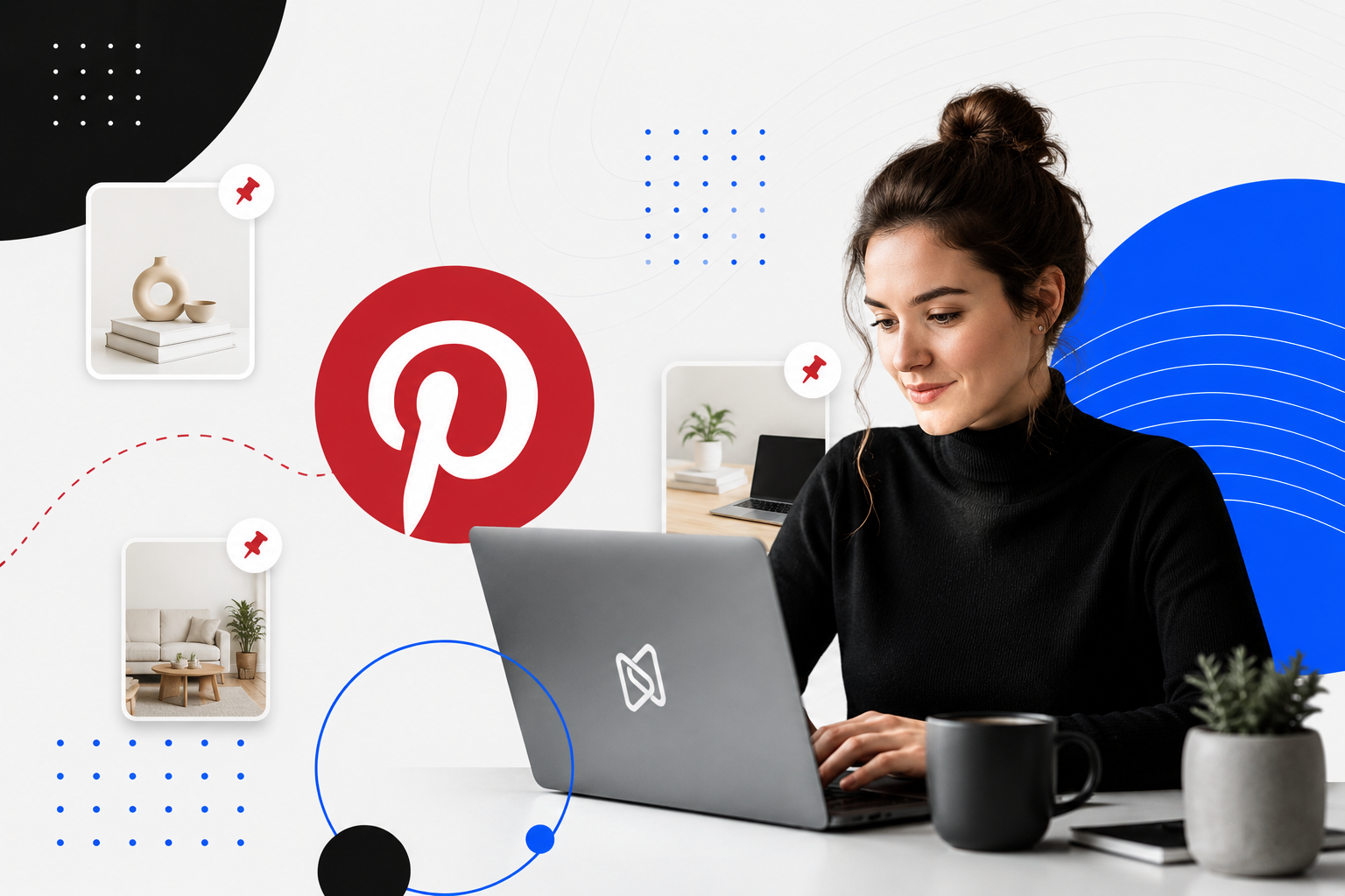 A woman works on a laptop with the Pinterest logo and home decor pins displayed in the background.