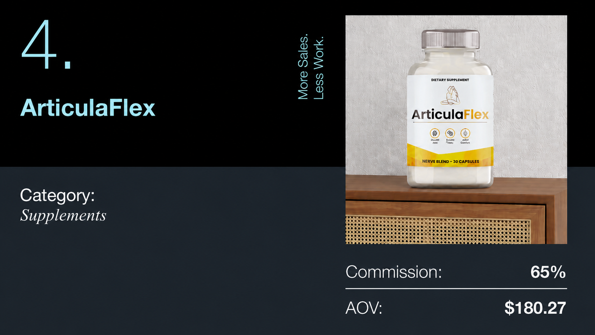A product listing for ArticulaFlex dietary supplements, showing a bottle, category "Supplements", 65% commission, and $180.27 AOV.