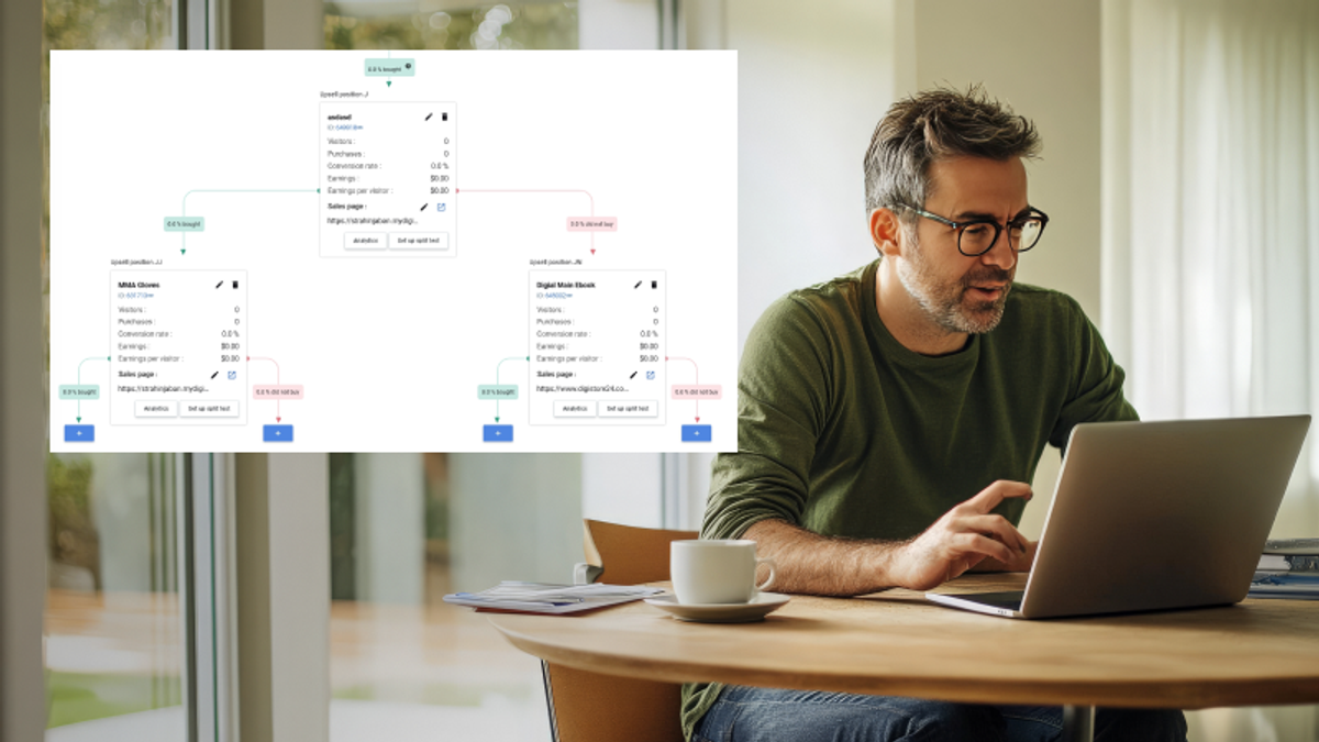A man using a laptop with a digital overlay displaying a flowchart of website analytics data.