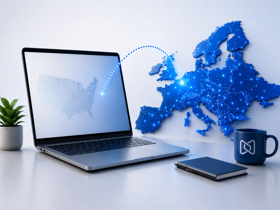 A laptop displays a US map, connected by a glowing dotted line to an illuminated map of Europe.