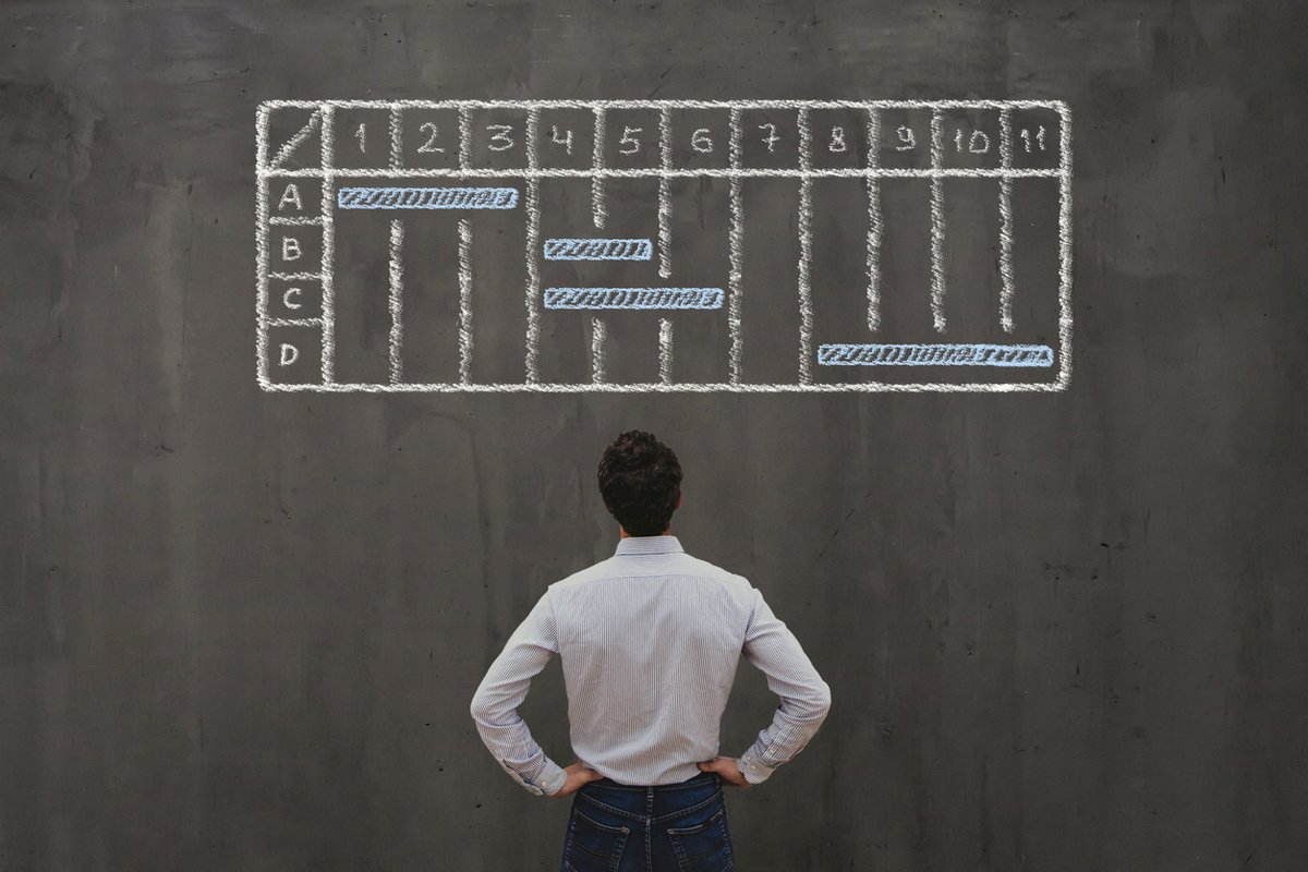 A man from behind looks at a chalk-drawn Gantt chart on a dark wall.