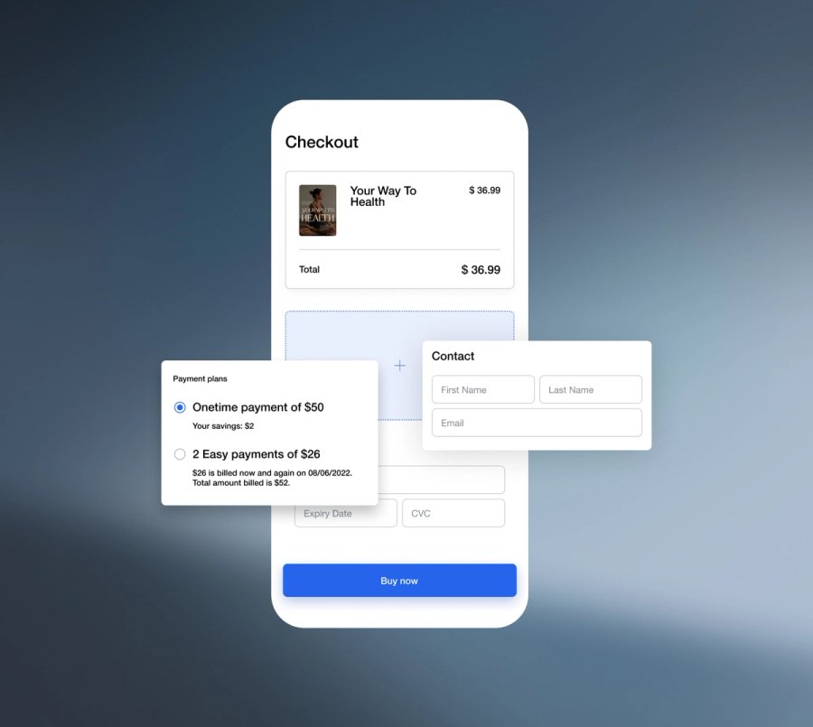 A mobile checkout interface showing a product, price, payment plan options, and contact information fields on overlapping white cards.