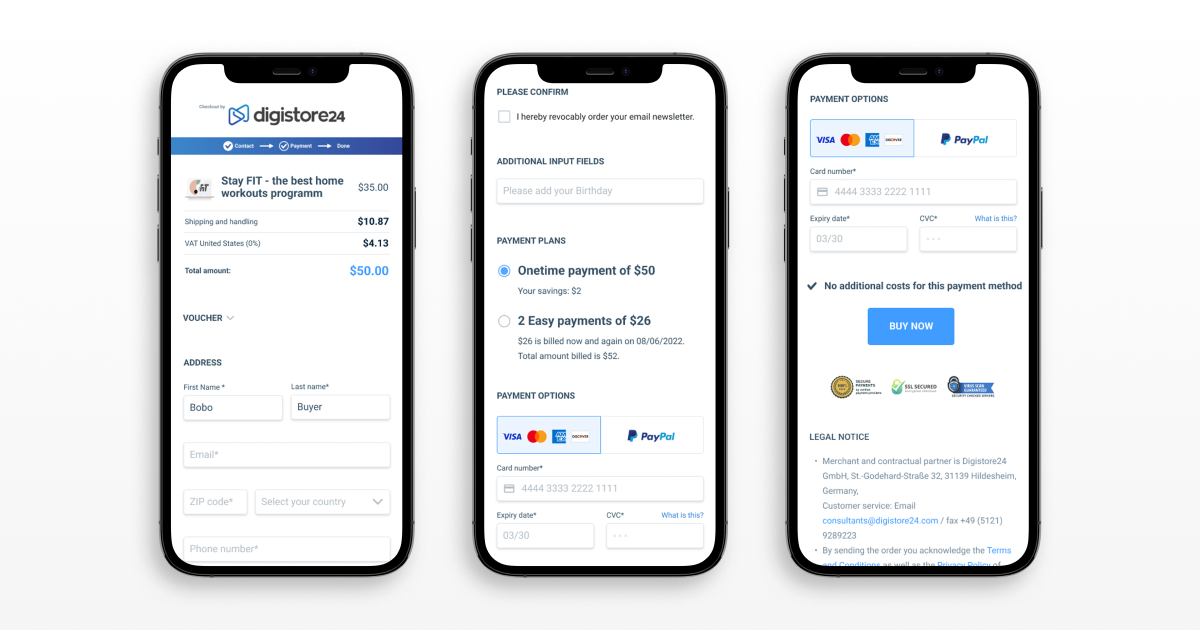 Three smartphone screens display a Digistore24 online checkout process, from cart details to payment options and confirmation.