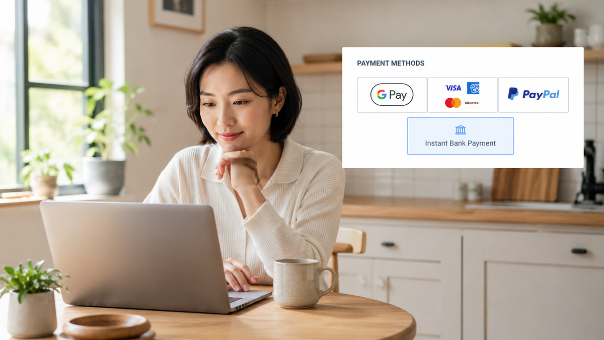 A woman uses a laptop with an overlay showing payment methods: G Pay, credit cards, PayPal, and Instant Bank Payment.
