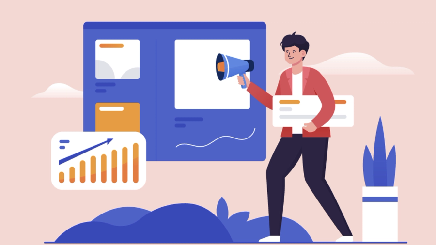 Illustration of a man promoting digital content with a megaphone, next to a dashboard and growth chart.