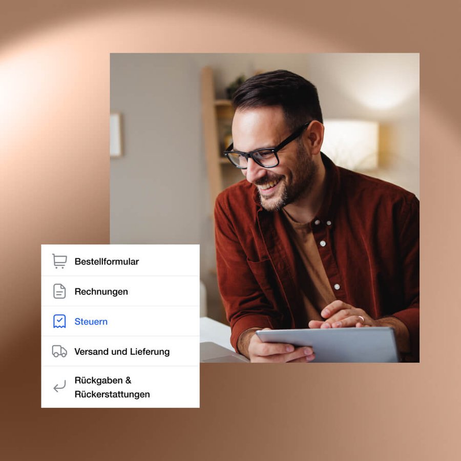 Smiling man using a tablet, with a German menu overlay highlighting "Steuern" (Taxes) and other financial options.