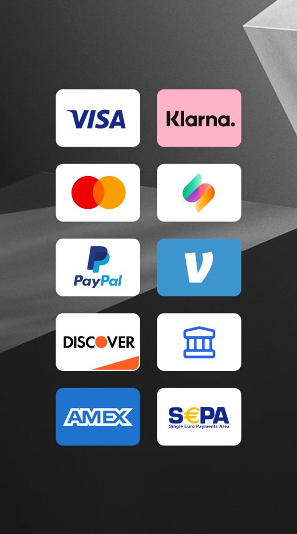 Logos de Visa, Klarna, Mastercard, PayPal, Venmo, Discover, American Express e SEPA, ao lado de ícones genéricos de processador de pagamento e banco.