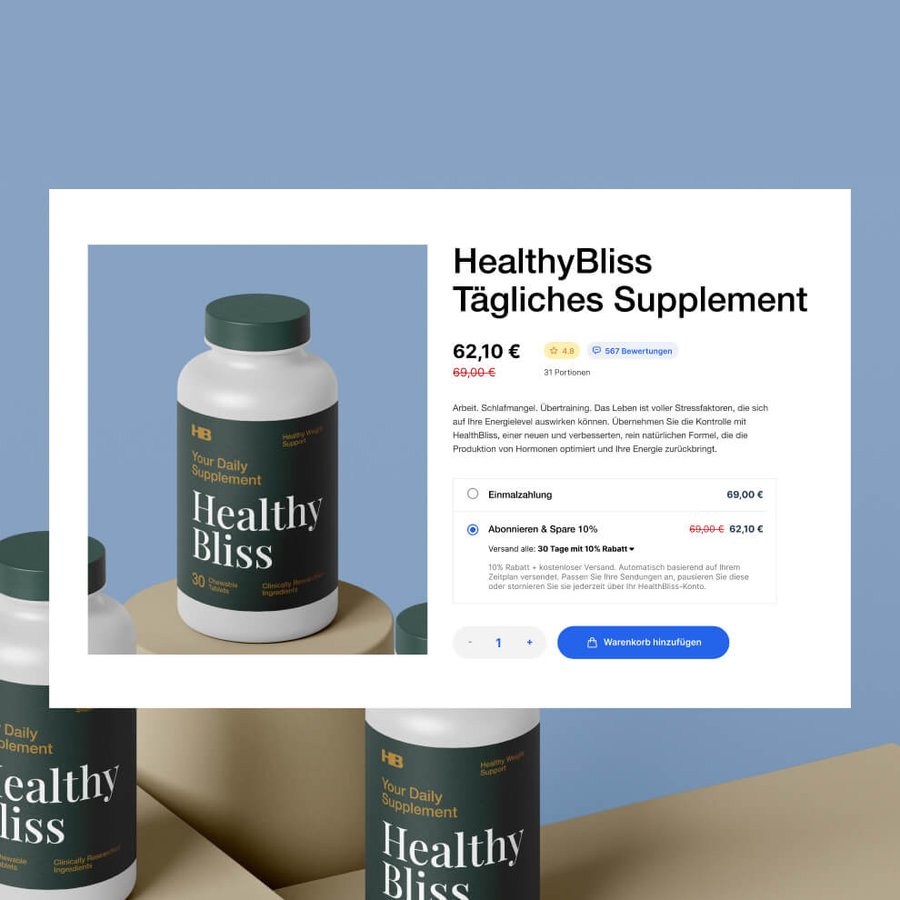 A product webpage displaying a bottle of "HealthyBliss Daily Supplement" with pricing and purchase options.