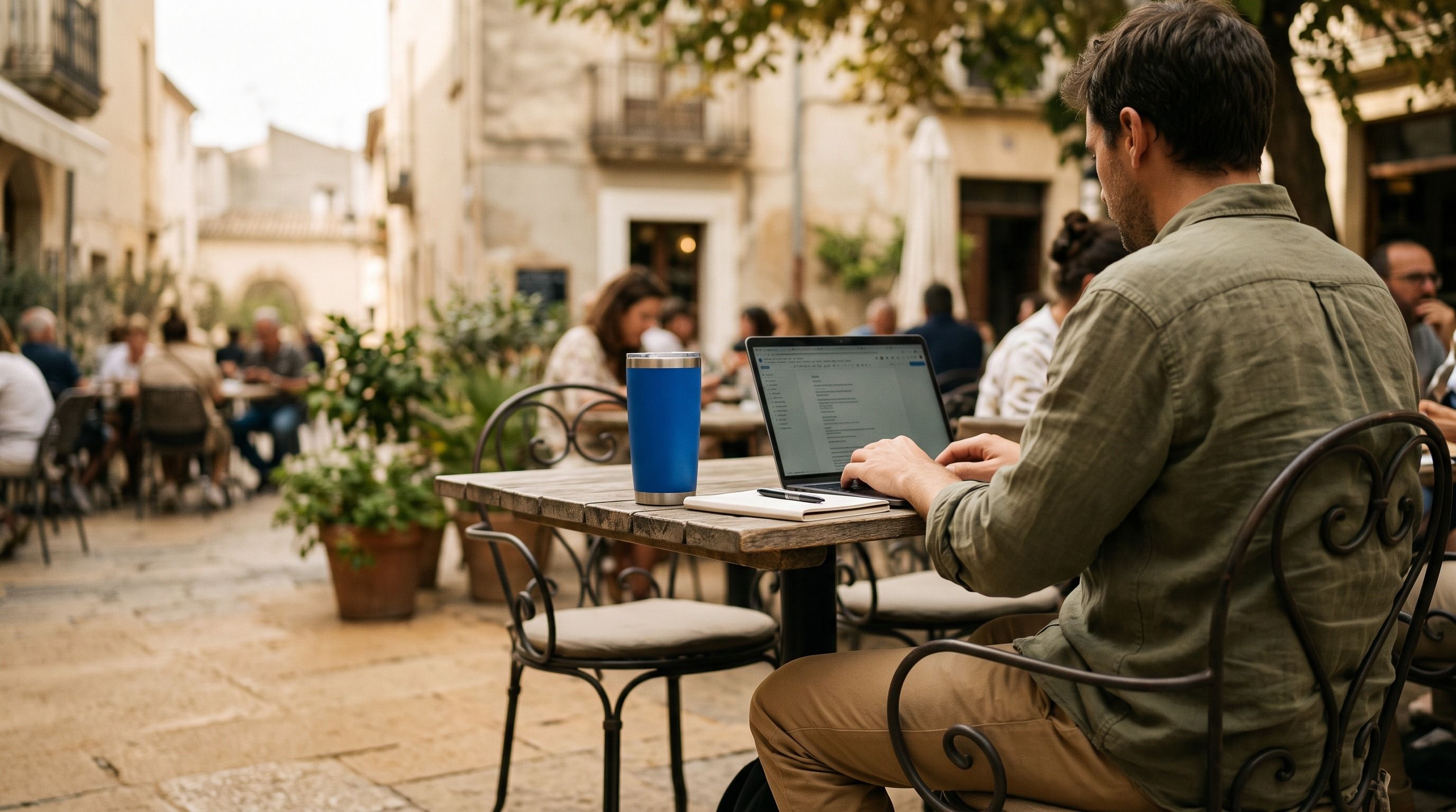 A man works on a laptop at an outdoor cafe table with a blue tumbler, in a lively European town square.
