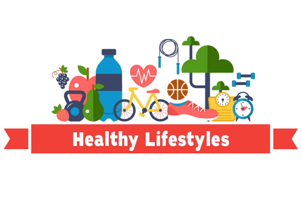 Graphic with icons representing healthy eating, exercise, and well-being, above a banner that reads "Healthy Lifestyles".