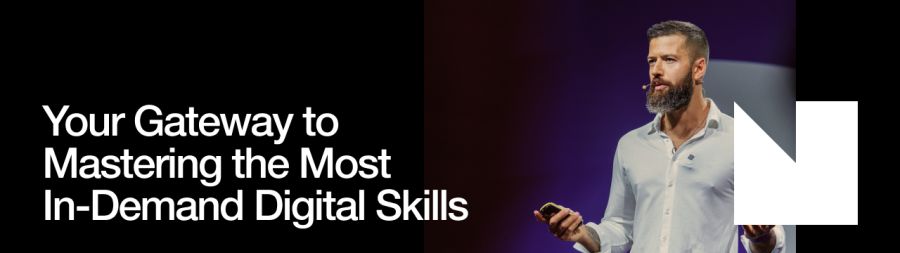 Text: Your Gateway to Mastering the Most In-Demand Digital Skills. A man with a beard in a white shirt presents on a stage, holding a phone, with an abstract white shape on the right.