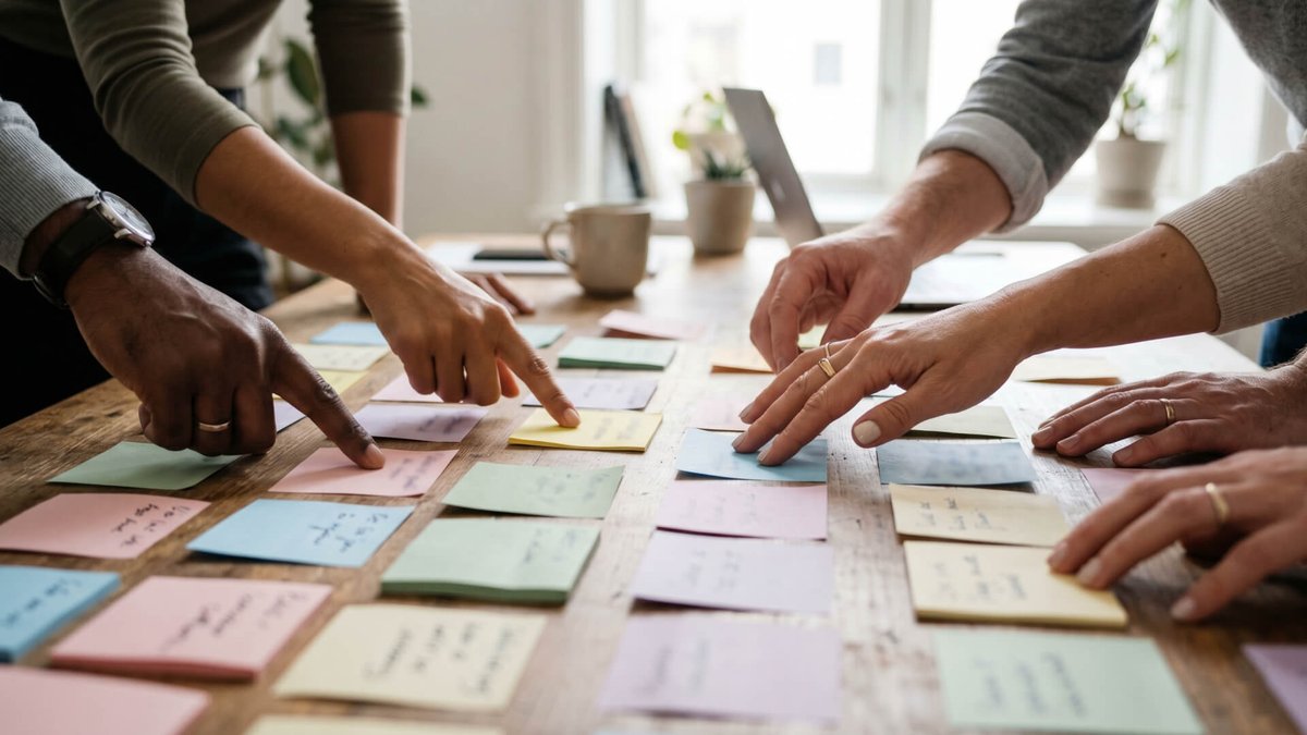 Multiple hands arranging colorful sticky notes on a wooden table.