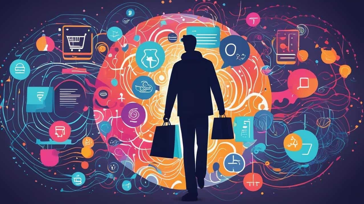 Silhouette carrying shopping bags against a backdrop of colorful e-commerce icons and swirling lines.