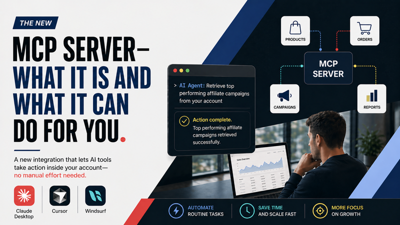 Advertisement for MCP Server, an AI integration for business automation, showing a man at a laptop, a business workflow diagram, and AI tool integrations.