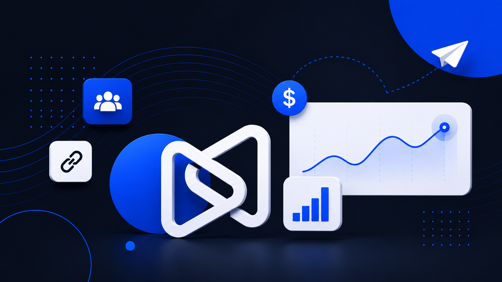 3D graphic with an abstract blue and white logo, surrounded by icons for business analytics, teams, and communication.