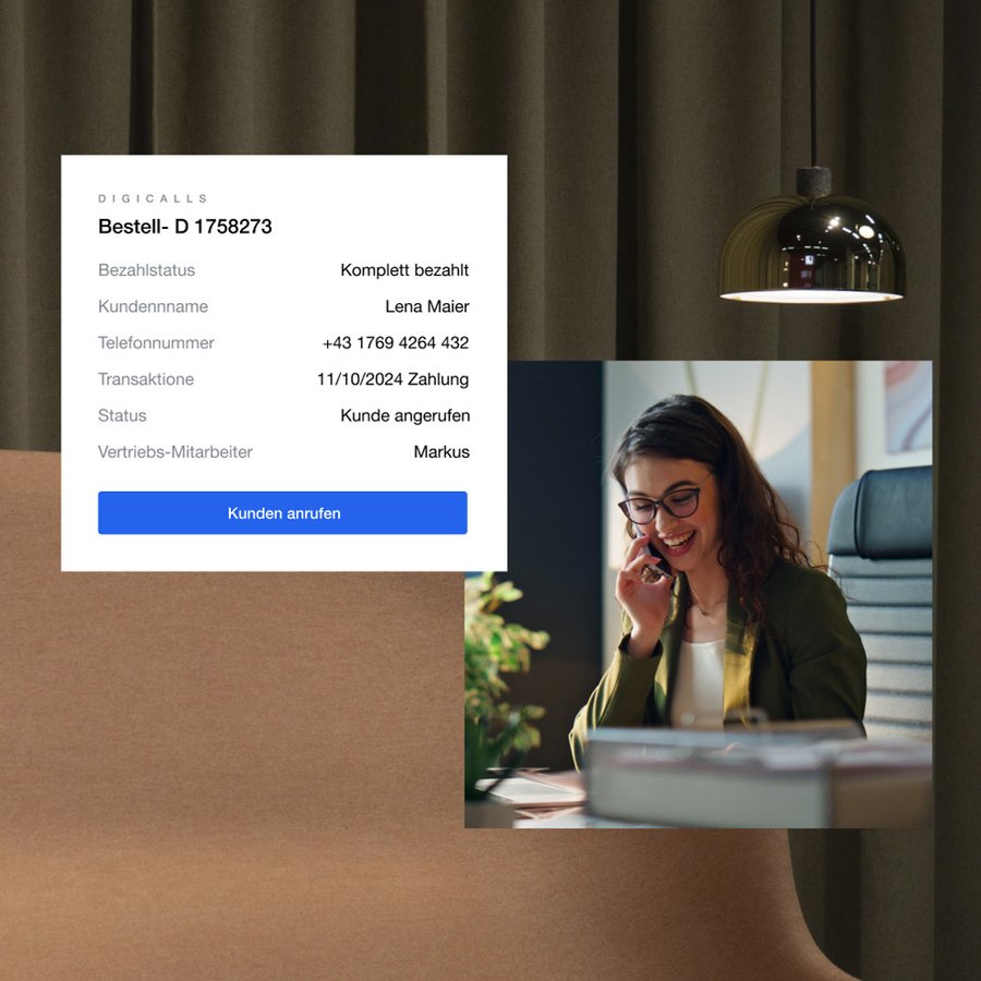 A smiling woman talks on a phone, with a Digicalls customer order pop-up window showing a 'Call Customer' button.