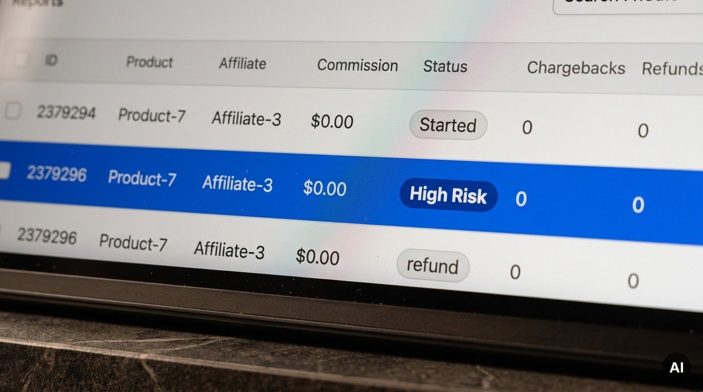 A digital dashboard displaying affiliate marketing data, with a row highlighted as 'High Risk'.