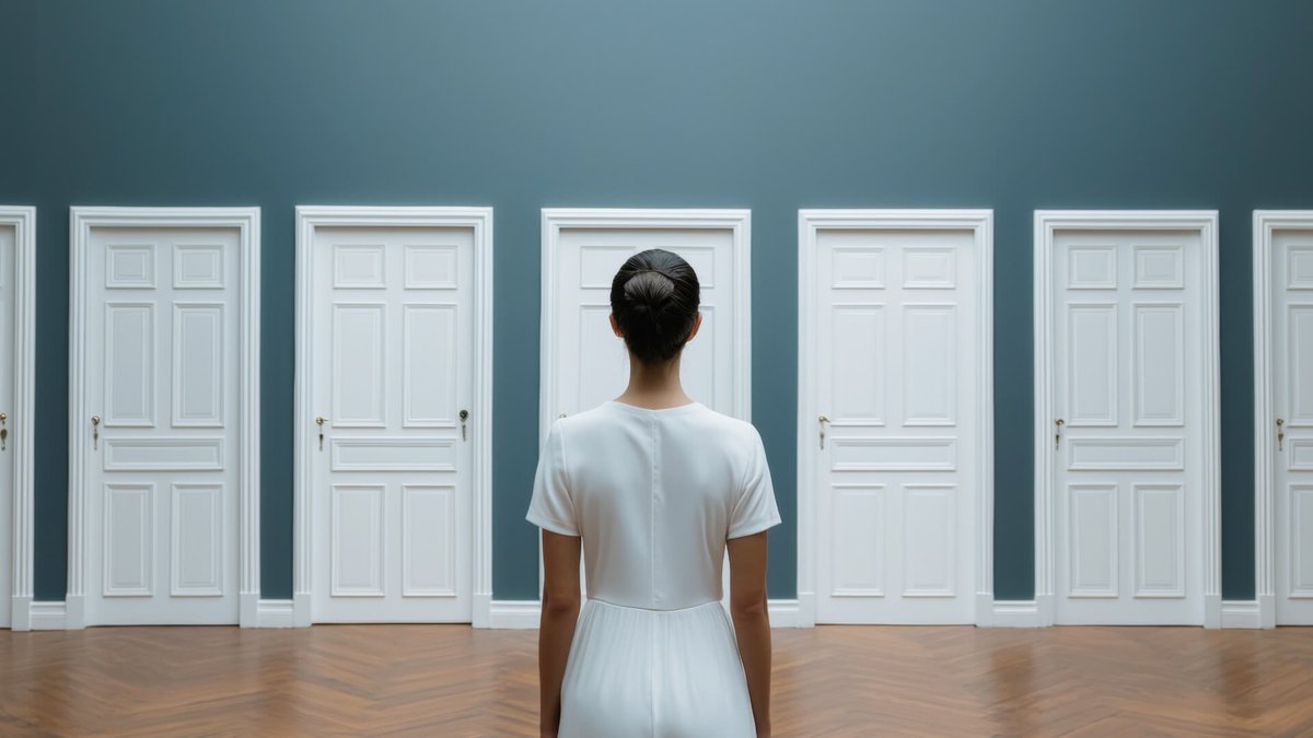 Woman from behind facing a row of white doors.