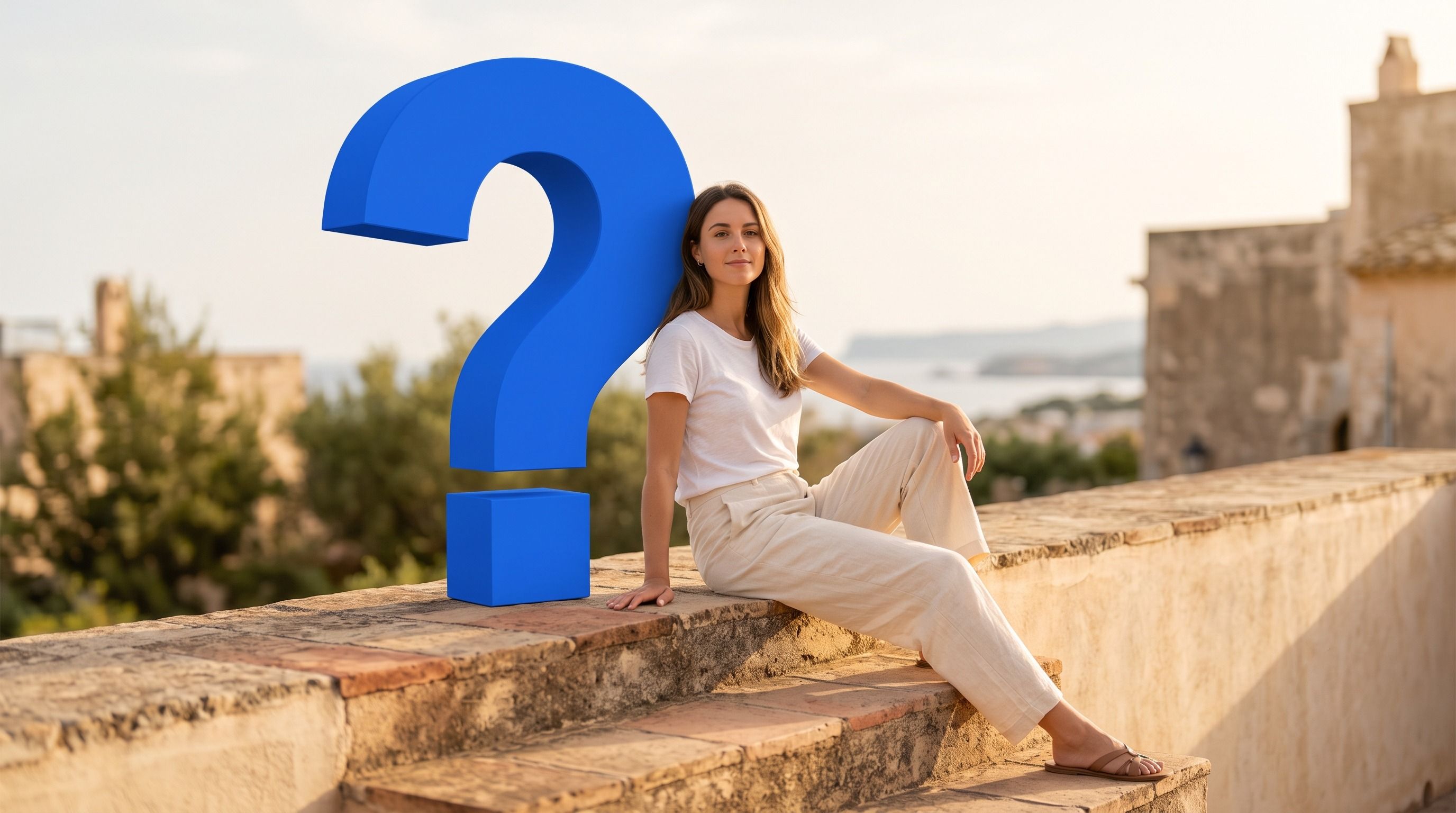 A smiling woman sits on stone steps next to a large blue 3D question mark, with a scenic town and sea in the background.