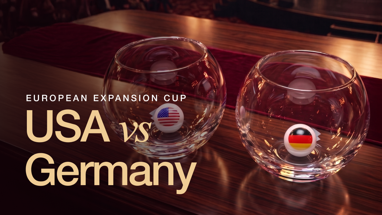 Two glass bowls with balls showing the USA and Germany flags are on a table, with text "EUROPEAN EXPANSION CUP USA vs Germany".