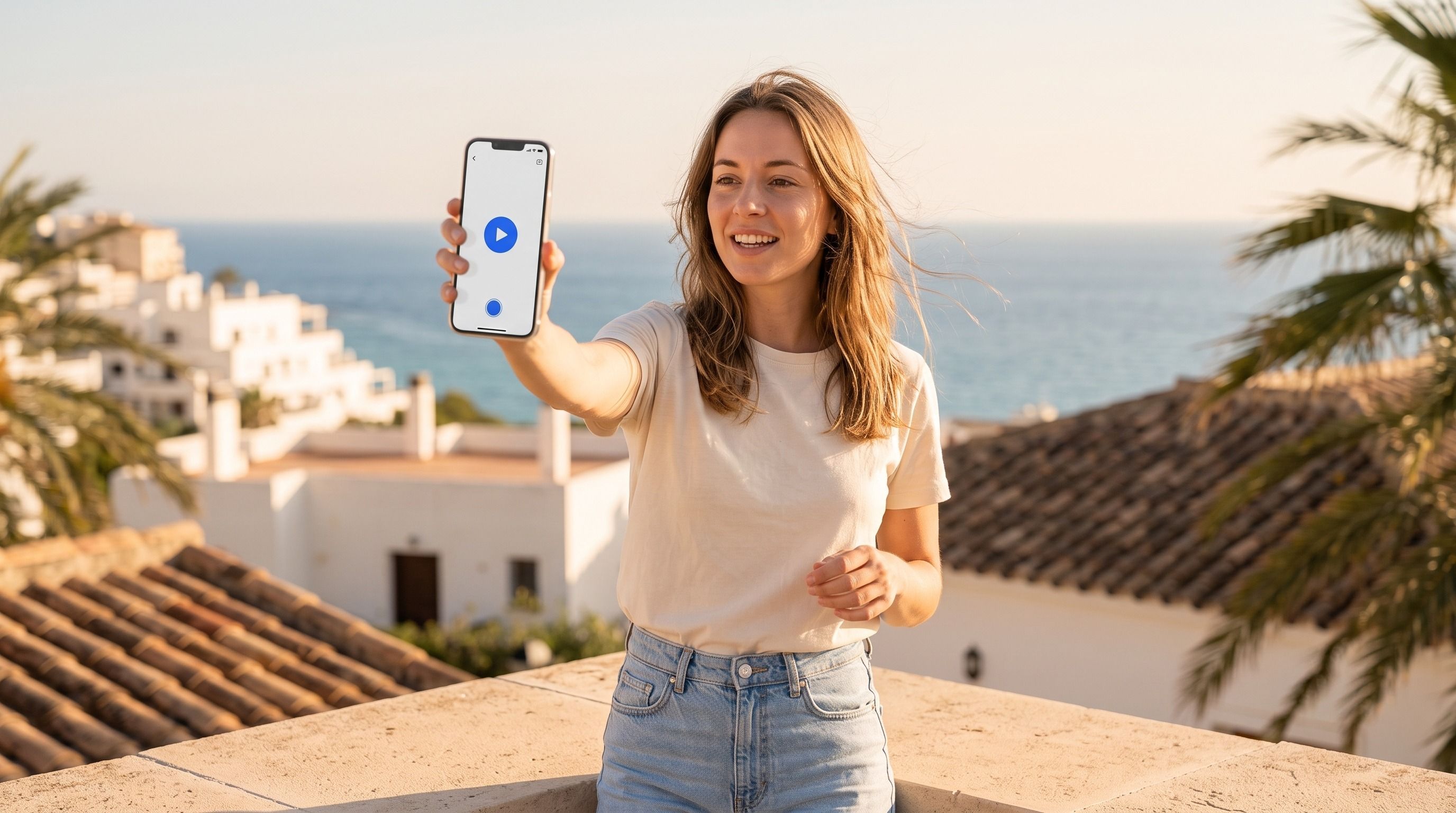 A smiling woman holds up a smartphone displaying a play button, with a scenic background of white buildings, the ocean, and palm trees.