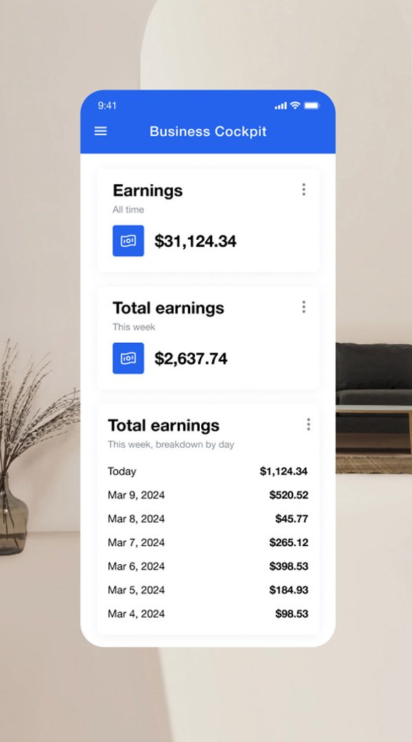 Écran de l'application mobile « Business Cockpit » affichant des gains totaux de 31 124,34 $, des gains hebdomadaires de 2 637,74 $ et une répartition quotidienne des gains pour la semaine en cours.