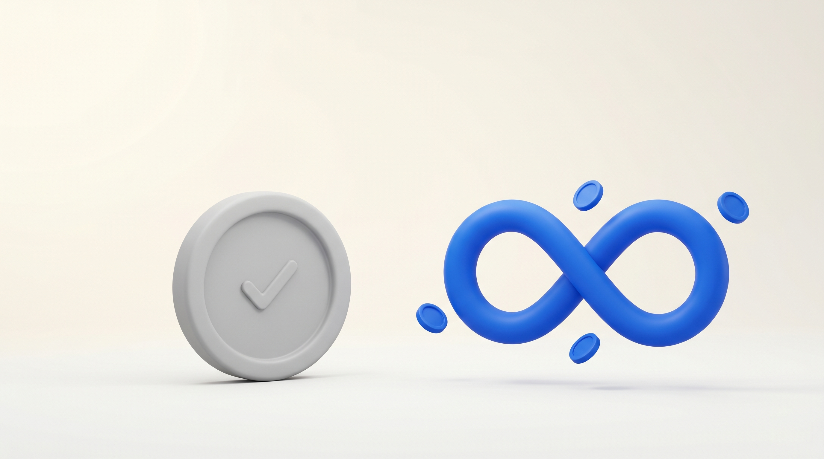 A grey checkmark icon next to a blue infinity symbol with floating coins.