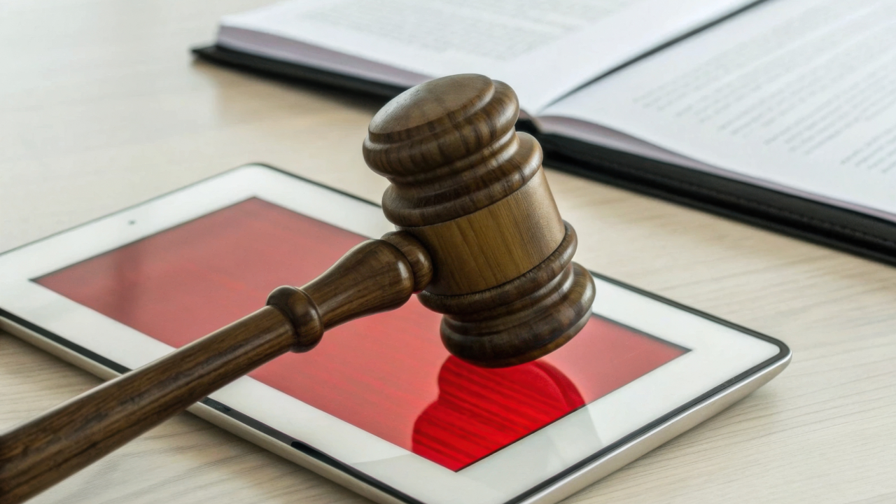 Wooden gavel resting on a tablet with a red screen, an open book in the background.