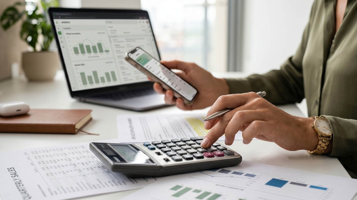 Person calculating with a calculator, smartphone, and laptop displaying business data.