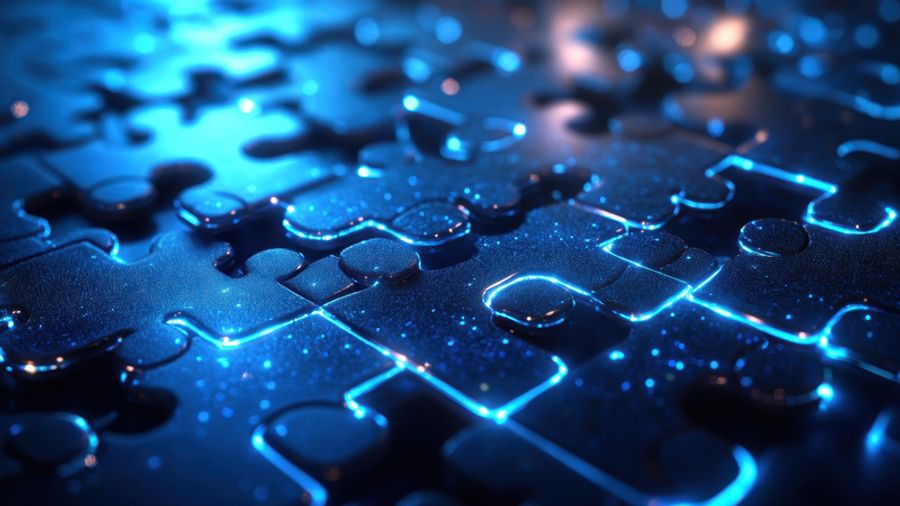 Digital puzzle pieces with glowing blue outlines and speckles of light.