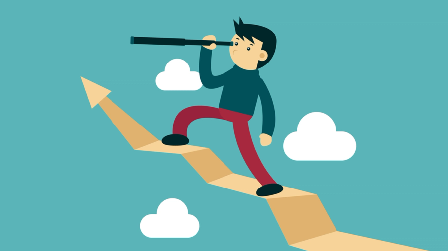 A cartoon man stands on an upward-trending arrow, looking through a telescope.